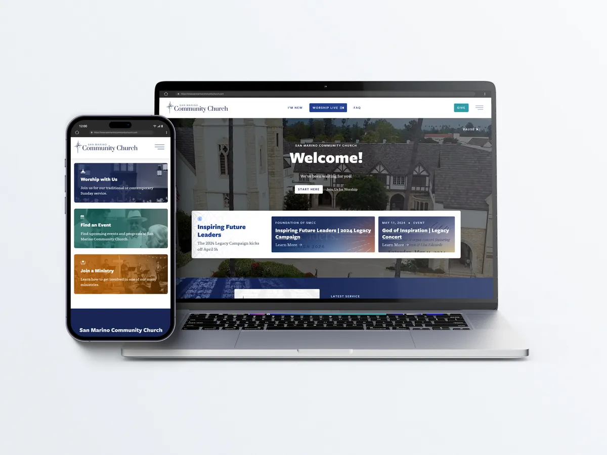 A laptop and mobile phone showing the San Marino Community Church website design on each of these screen sizes.