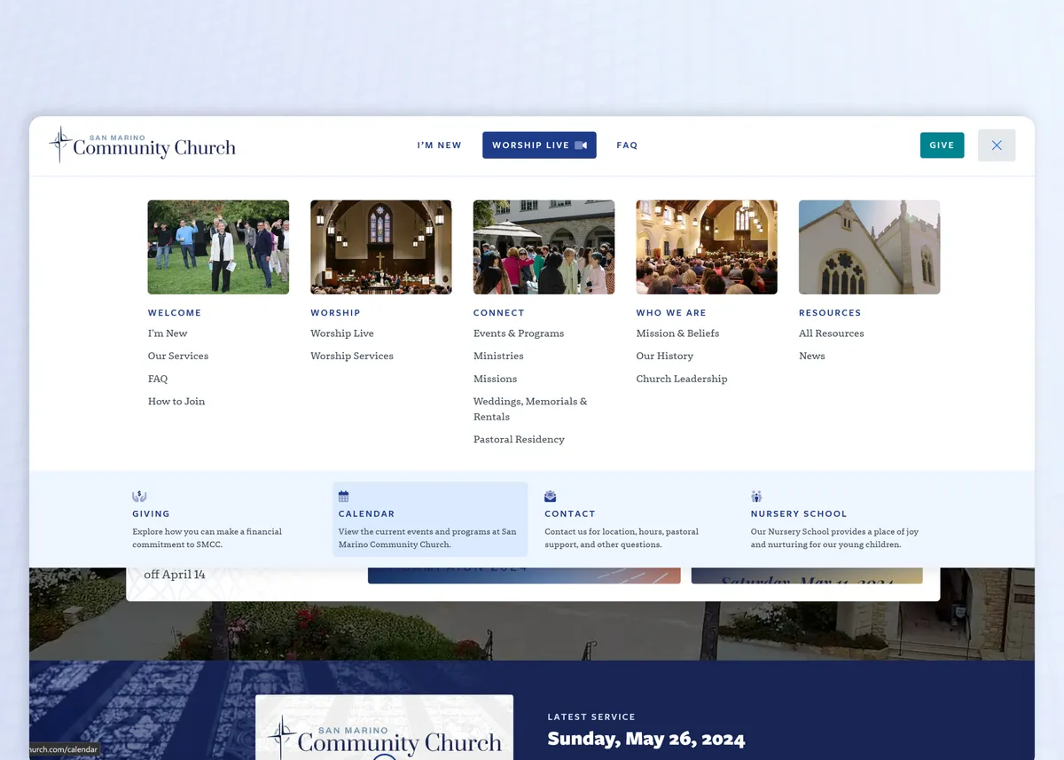 SMCC site header design: A full-width fly-out navigation menu with columns titled 'Welcome', 'Worship', 'Connect', 'Who We Are', and 'Resources' in a dark blue and light blue color palette.