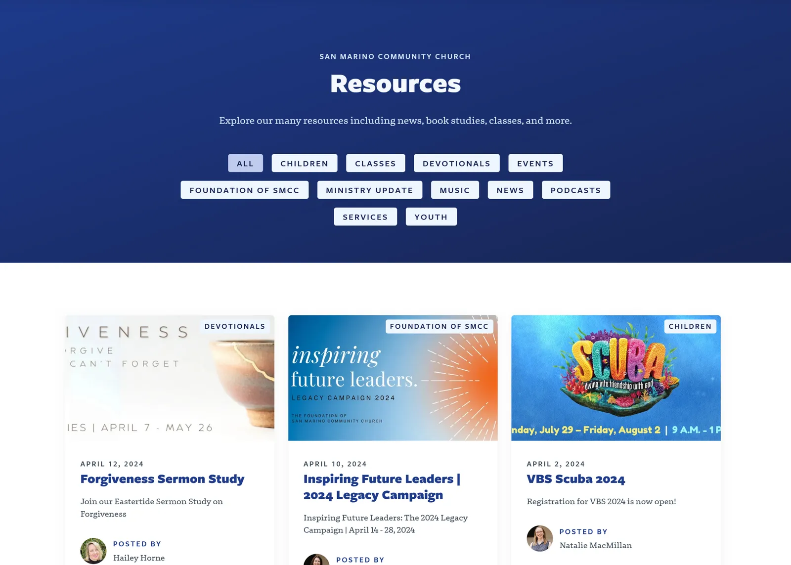 'Resources' section design with various categories on a dark blue background and resource card links featuring vibrant images below.