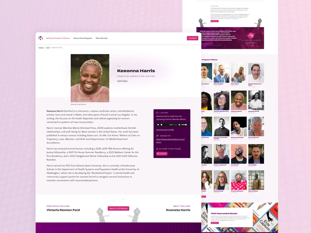 Web page design for individual fellows, featuring a biography section and purple box with links and actions to share the page.