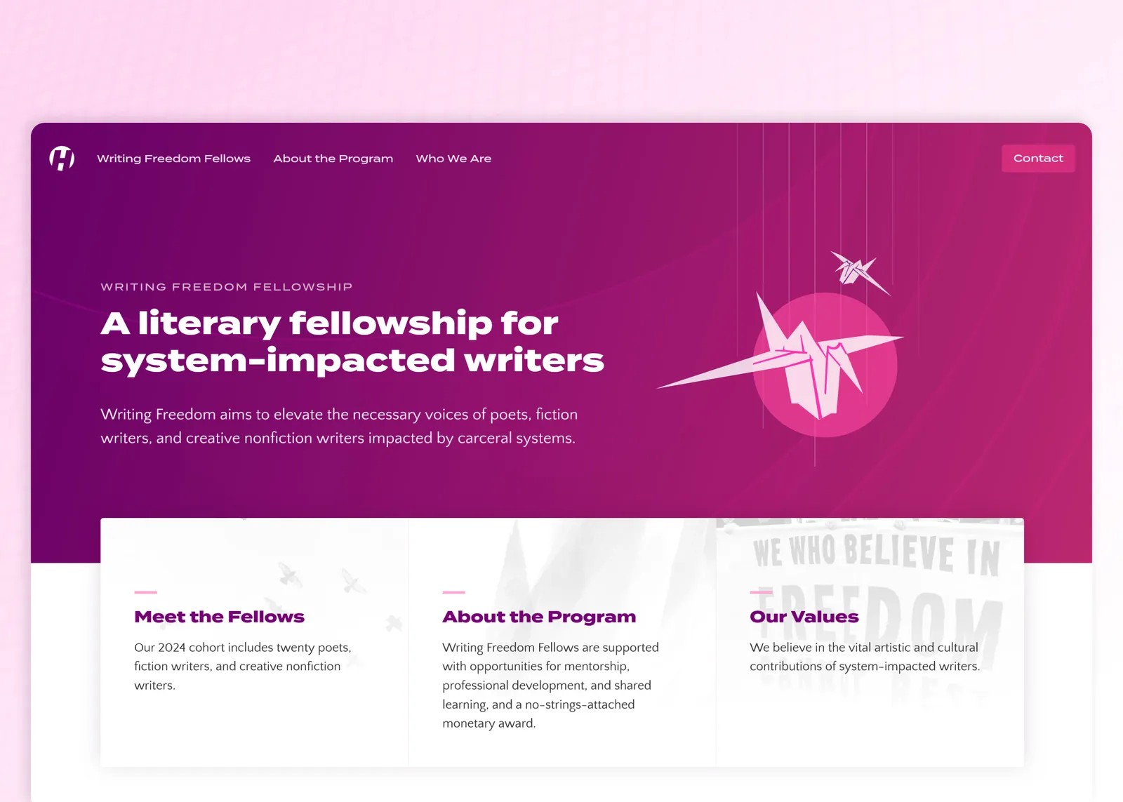 Writing Freedom Fellowship website home page: bold landing page in purple and pink color palette, with primary heading 'A literary fellowship for system-impacted writers'.