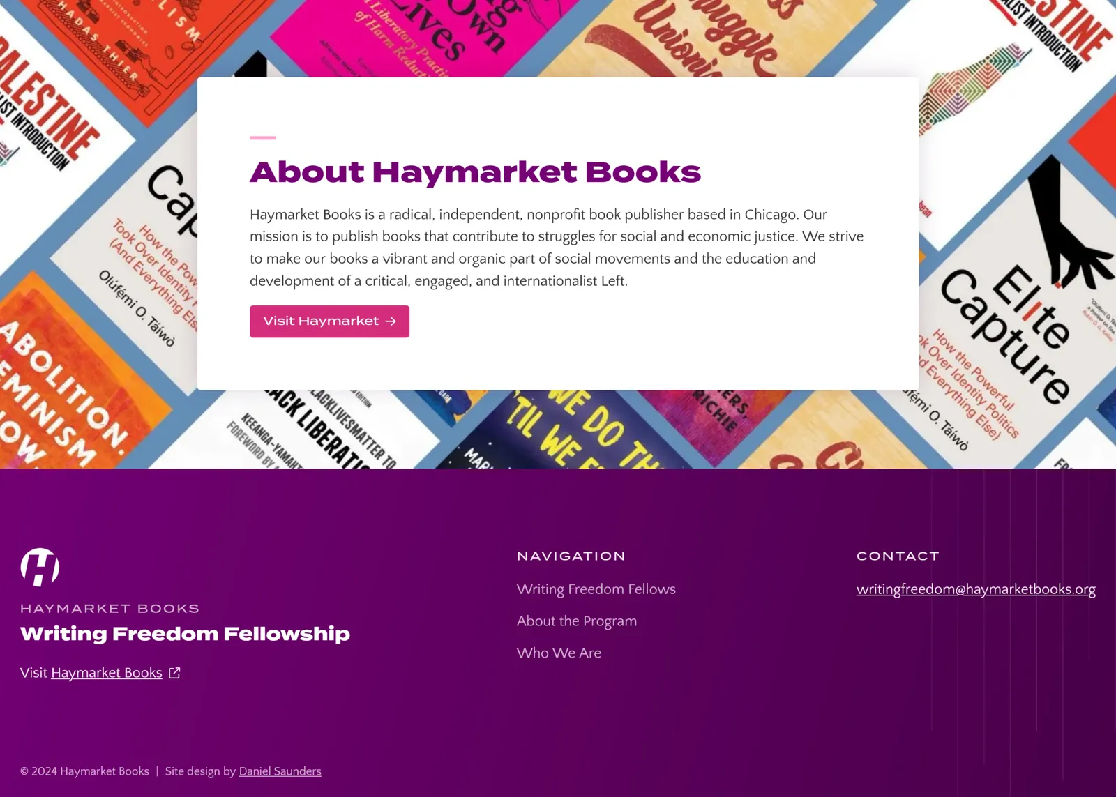 'Call to Action' section design with heading 'About Haymarket Books', on a background of book covers published by Haymarket.